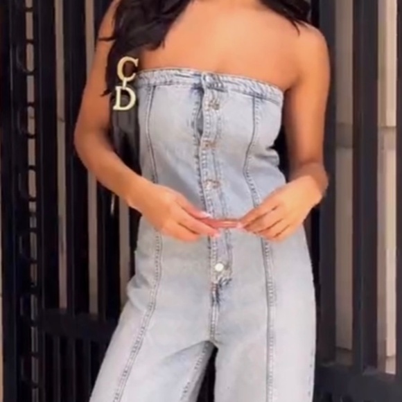 Zara Pants - NWT Zara TRF Strapless Off Shoulder Denim Jumpsuit Size XS